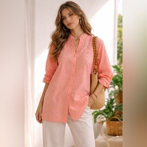 Bob Mackie Vintage Coral Pink Sequin Embroidered Tunic Blouse M Lagenlook Boho